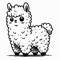Cute Cartoon Alpaca Line Art Vector Illustration