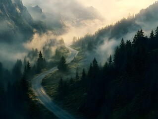 Haunting Mist-Covered Forest Path with Shadowy Creatures Emerging from Dense Fog
fog over the mountains