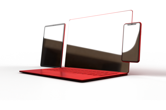 A modern red laptop and smartphone setup, showcasing sleek design and technology integration.
