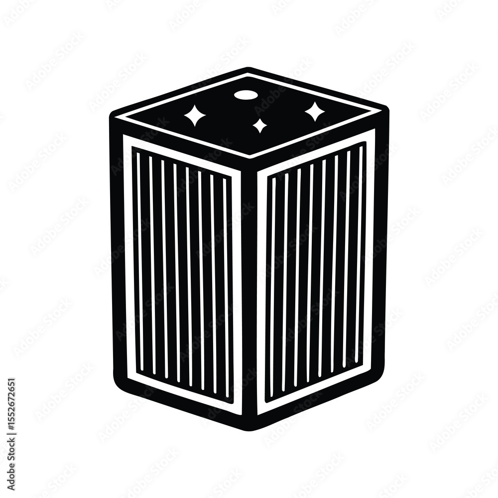 Poster monochrome cuboid object with vertical parallel lines and star decorations