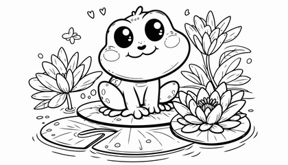 Cute Frog on Lily Pad Coloring Page Illustration