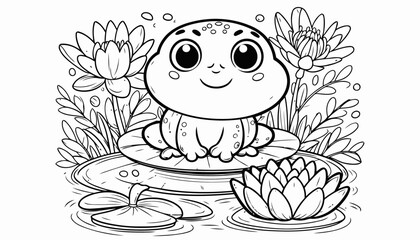 Cute Frog on Lily Pad Coloring Page Illustration