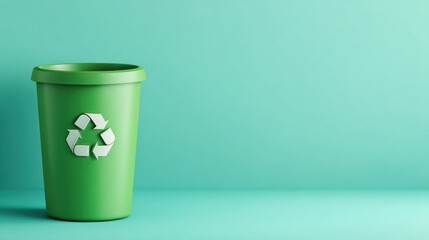 Green recycling bin against mint-colored background