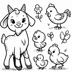 Obraz premium Cute Farm Animals Coloring Page with Goat, Chicks, and Flowers