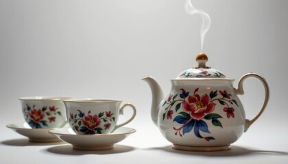 A steaming teapot with floral design and two matching cups with saucers sit elegantly against a soft, graduated white backdrop in a serene studio setting.