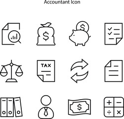 Set of 12 outline icons related to accounting, audit, finance, and taxes. Outline icon collection. Business symbols.