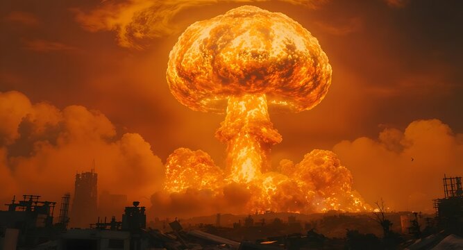 A fiery nuclear bomb explosion with a massive mushroom cloud rises over a devastated ruined city - Powered by Adobe