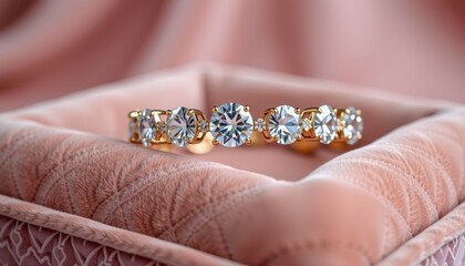 A stunning gold band adorned with sparkling diamonds is elegantly displayed on a soft pink velvet surface, showcasing its exquisite craftsmanship and beauty.