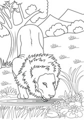 Majestic Lion with a Lush Mane Drinking Water from a Tranquil Pond with Lily Pads and Flowers - Intricate Safari Wildlife Scene Line Art - Great for Kids and Adults Coloring