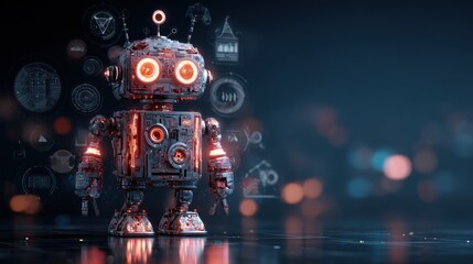 Fototapeta premium Futuristic robot with glowing red eyes, surrounded by digital data