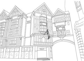Detailed black and white vector sketch of the famous Liberty London building with its distinctive Tudor Revival architecture and archway.