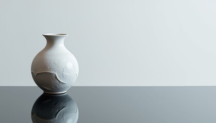 Elegant ceramic vase with textured surface reflects on a sleek dark table against a plain white wall in a minimalist and clean studio environment design.