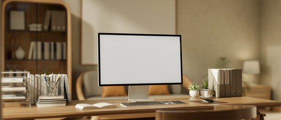 White screen computer with stationary and potted plants on wooden table in living room or study room