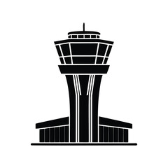Silhouette of an Airport Control Tower with Terminal Building on White Background
