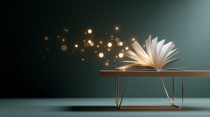 Open book on a table emitting magical light particles on a green background