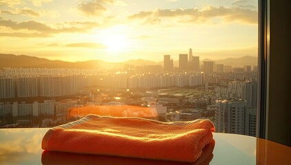 Orange towel on a table, city sunset view