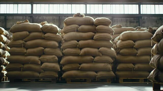 Stacks of burlap sacks in a warehouse, sunlit.