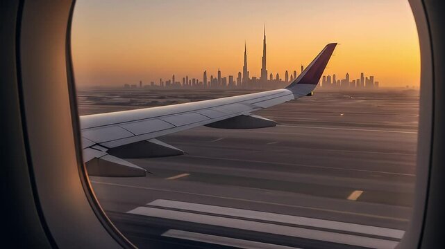 Airplane Taking Off, Dubai Cityscape, Window View, Sunset, Travel Journey