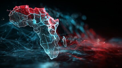 Futuristic glowing digital map of Africa with holographic data flow and abstract network elements on dark background,symbolizing artificial intelligence, global connectivity, and technology innovation