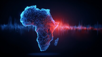 Futuristic glowing digital map of Africa with holographic data flow and abstract network elements on dark background,symbolizing artificial intelligence, global connectivity, and technology innovation