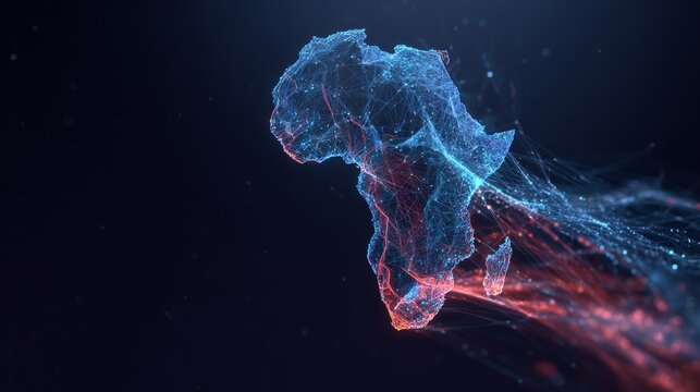Futuristic glowing digital map of Africa with holographic data flow and abstract network elements on dark background,symbolizing artificial intelligence, global connectivity, and technology innovation