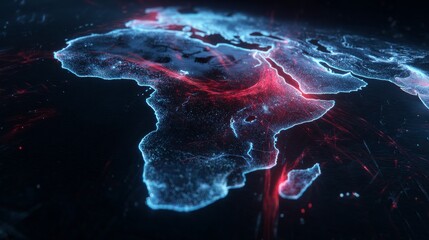 Futuristic glowing digital map of Africa with holographic data flow and abstract network elements on dark background,symbolizing artificial intelligence, global connectivity, and technology innovation