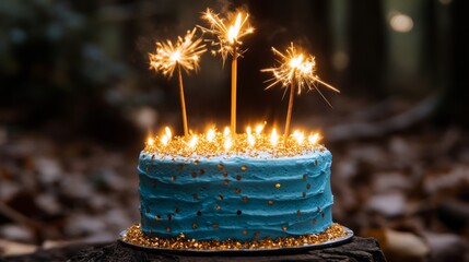 Celebration cake with sparklers and candles on a dark background