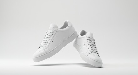 Minimalist studio shot of a pair of white sneakers isolated against a clean white background 