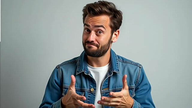 Young man making regret hand sign emotional expression  
