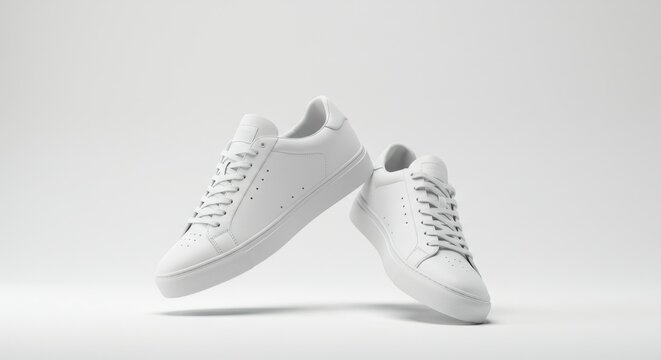 Minimalist studio shot of a pair of white sneakers isolated against a clean white background 