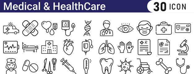 Medical & healthcare line icon set. contains Stethoscope, Ambulance, Nurse, Doctor, Syringe, Serum, First Aid Kit and so on icons.