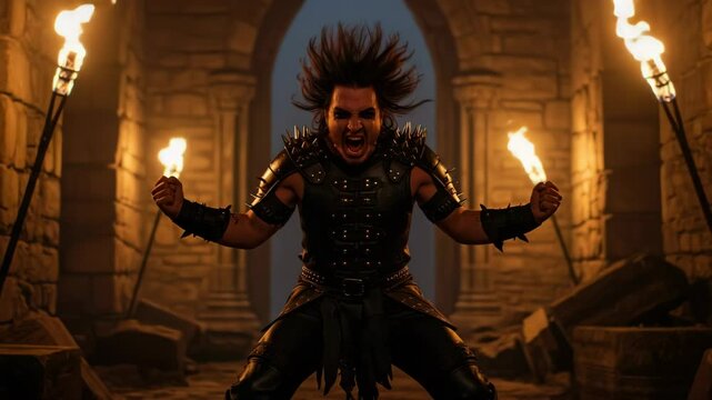 Furious barbarian warrior wielding torches in ancient stone dungeon with epic battle cry