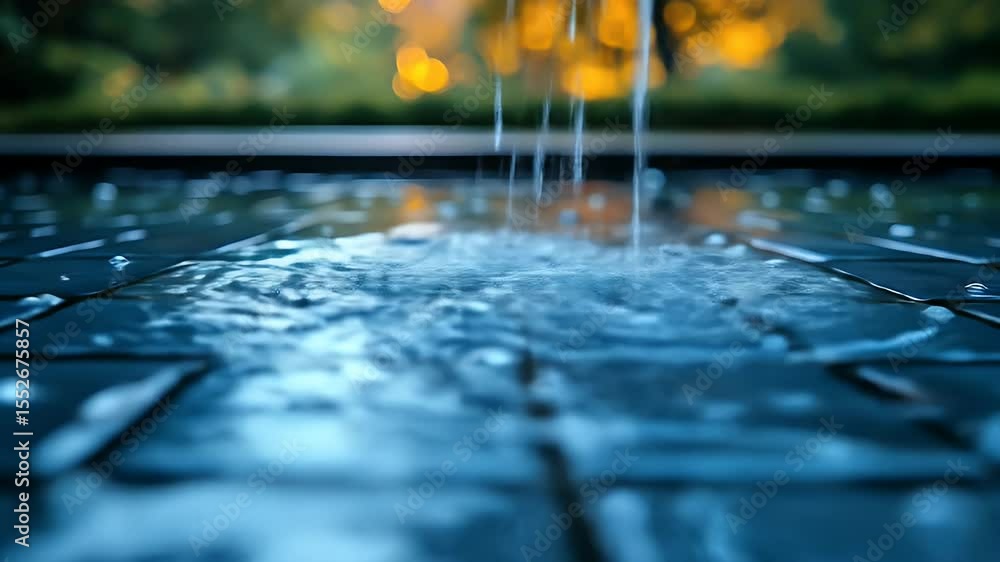 Poster water cascade on blue tiles with bokeh background creating abstract purity and serenity close up