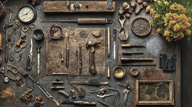 Assorted tools and objects arranged on a weathered surface