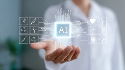 Medical professional presenting glowing AI chip in hand with futuristic healthcare icons circuit lines, symbolizing artificial intelligence integration in modern medicine and digital health innovation