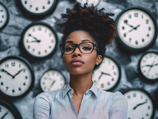 Close-Up of Business Pocket Watch and Pens on Office Surface Symbolizing Punctuality, Efficiency, and Career Success 
businesswoman holding clock