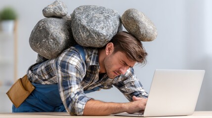 Digital Burnout: Worker Struggling Under Heavy Load While Using Laptop