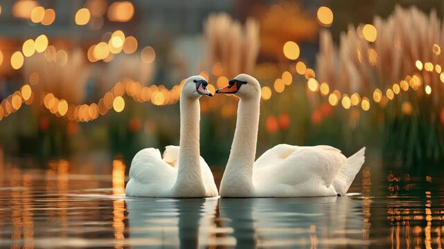 Loving white swan couple, graceful bird waterfowl animals in natures wildlife, evoke romance on serene twilight water with bokeh.