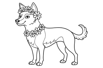 Dog Coloring Page A Cute Canine Wearing a Flower Crown and Necklace Illustration line