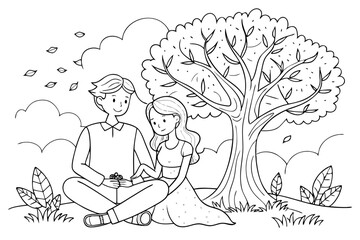 Line Art Illustration of a Couple Sitting Under a Tree in a Peaceful Landscape