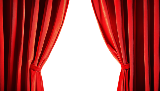 Luxurious Red Velvet Theater Curtains Opening on Black or White Background
