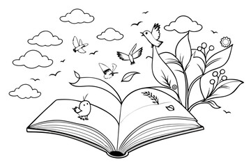 Open Book with Birds Plants and Clouds in Black and White Line Art whimsical
