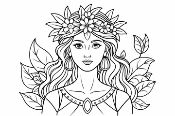 Elegant Woman with Floral Crown and Jewelry Detailed Line Art for Coloring Book beautiful