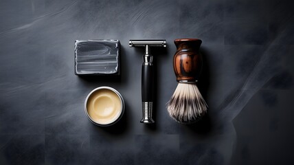 Classic shaving kit essentials are arranged on a dark surface, including razor, brush, cream, and soap for a grooming ritual.