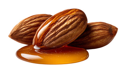 Three whole almonds glistening with golden honey isolated on transparent background