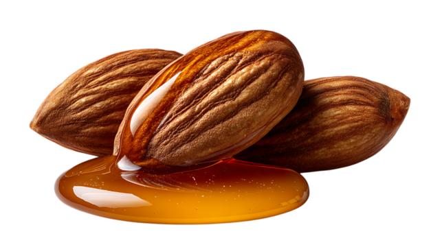 Three whole almonds glistening with golden honey isolated on transparent background