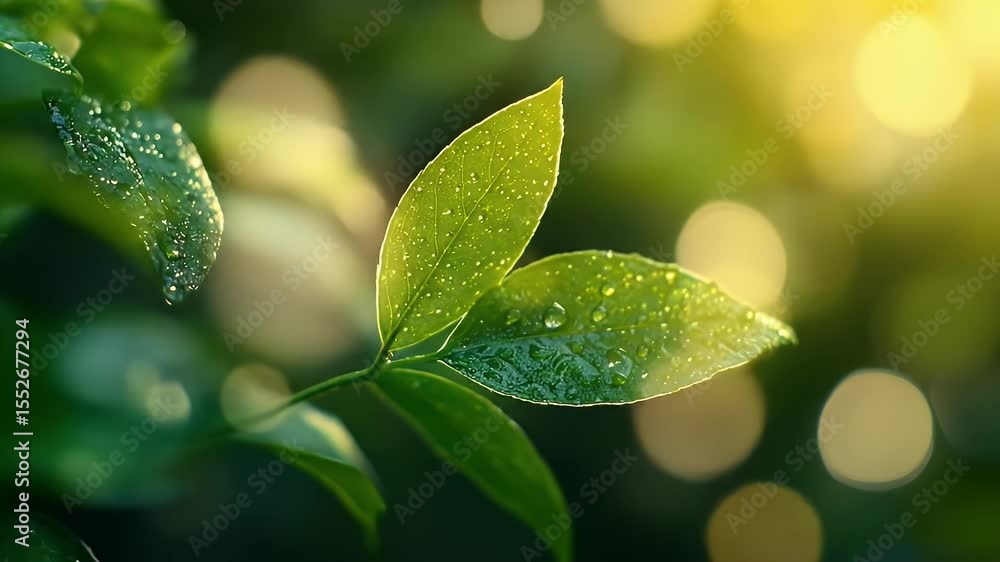Poster lush green leaves adorned with water droplets in soft focus bokeh background and diffused golden lig