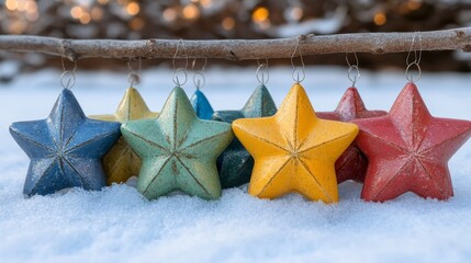 Colorful star ornaments hanging on a branch in the snow