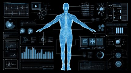 Holographic human figure with extended arms surrounded by futuristic medical icons, digital data charts, and molecules, symbolizing AI-driven health technology and biometric diagnostics