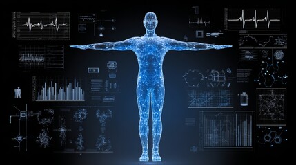 Holographic human figure with extended arms surrounded by futuristic medical icons, digital data charts, and molecules, symbolizing AI-driven health technology and biometric diagnostics